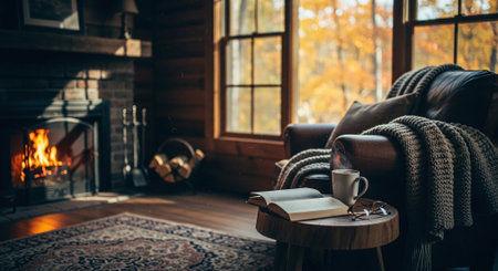 Cozy autumn evening in the living room with a warm plaid, a cup of coffee and a book.の素材