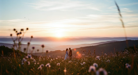 Wedding couple on the top of the mountain at sunset.の素材