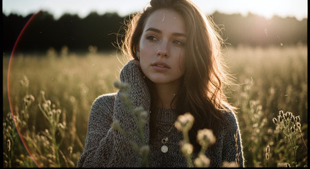 Portrait of a young beautiful girl in a field at sunset.の素材