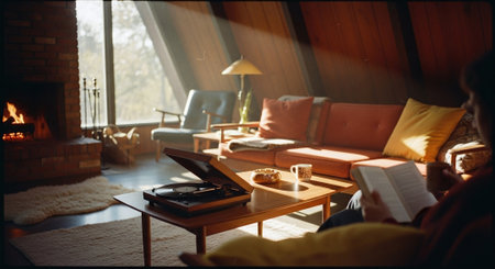 Young man reading a book in his living room at home. He is sitting on the couch and reading a book.の素材
