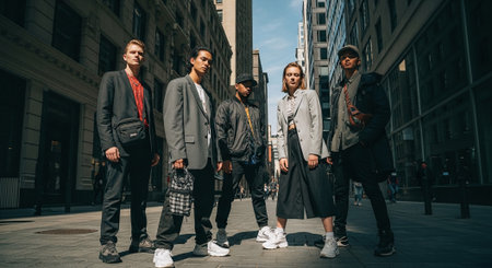 Group of young men walking in the city. Men's fashion.の素材