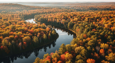 Aerial view of the autumn forest and river. Beautiful autumn landscape.の素材