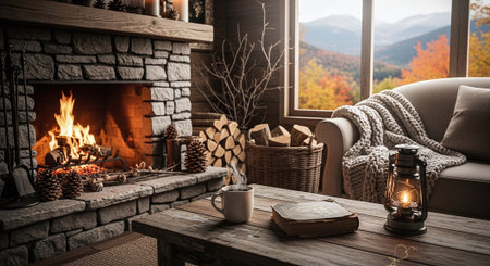 Cozy living room with fireplace, coffee cup and book on the tableの素材