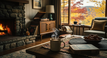 Cup of coffee, book and cookies on wooden table in cozy living room.の素材