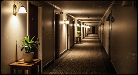 Interior of a hotel corridor with lights and plants in the foregroundの素材