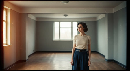 Portrait of a young woman in an empty room with a windowの素材