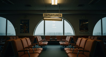Airport terminal interior with empty chairs and sign board. Travel conceptの素材