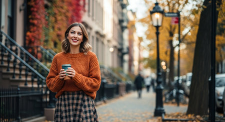 Beautiful young woman with cup of coffee in the city at autumnの素材