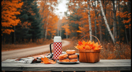 Picnic in the autumn forest. Mug of hot drink and donutsの素材