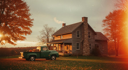 Retro car in front of an old farm house at sunset.の素材