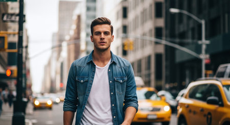 Handsome young man in jeans jacket is walking along the street in New York.の素材
