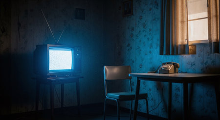 Vintage TV set in the dark room at night. 3d renderingの素材