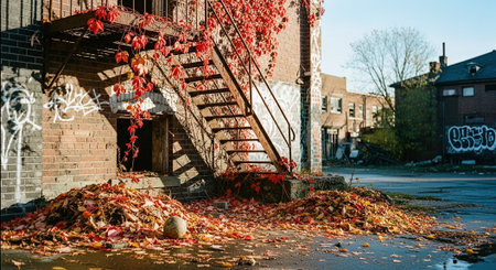 Abandoned house in the middle of the street with fallen leavesの素材