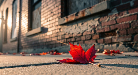 Autumn maple leaf on the pavement near the brick wall of the building.の素材