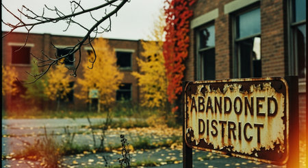 Old rusty sign in front of a school building with autumn leaves in the backgroundの素材