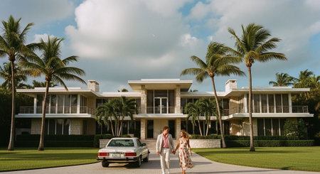 Couple walking in front of luxury villa in Florida, USAの素材