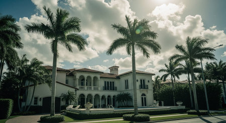 Palm trees in front of a luxury mansion in Miami, Florida.の素材