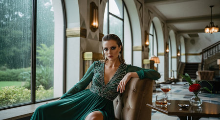 Beautiful young woman in green dress sitting in armchair in cafeの素材