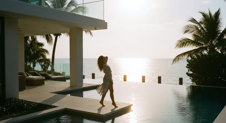 woman standing near swimming pool in luxury villa and looking at sunsetの素材