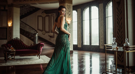 Beautiful woman in green dress posing in the interior of the castleの素材