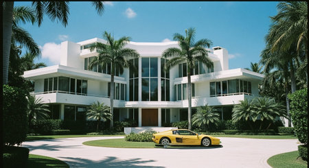 Classic car parked in front of luxury villa in the tropicsの素材