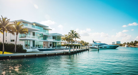 Luxury mansion on the water in Miami Beach, Florida, USA.の素材