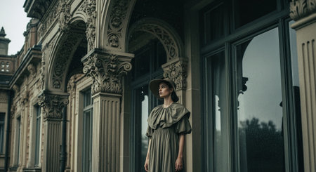 Beautiful young woman in a long dress and hat standing in front of an old buildingの素材