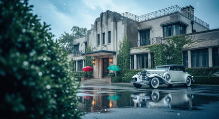 Old car in the rain on the background of a beautiful building.の素材