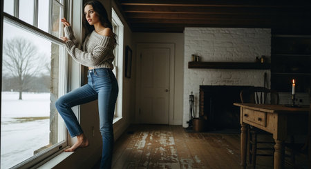 Beautiful young woman in jeans and sweater standing near the window at homeの素材