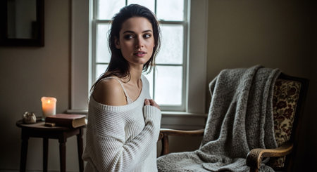 Portrait of a beautiful young woman in a white knitted sweaterの素材
