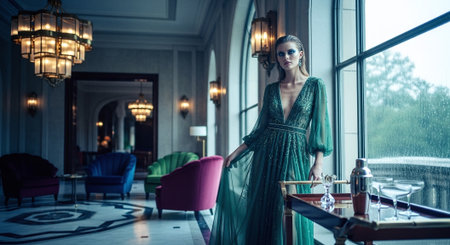 Beautiful girl in a green evening dress posing in the interior of the hotelの素材