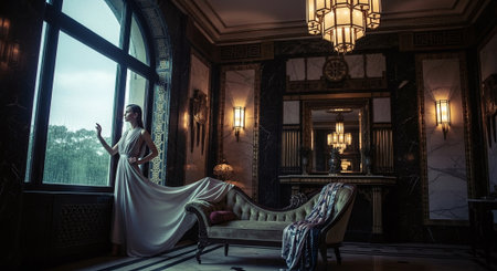Beautiful woman in a long white dress in the interior of the castleの素材