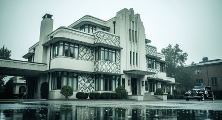 Luxury house in the rain, vintage style, monochromeの素材