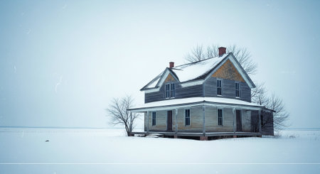 Winter landscape with old wooden house in snow. 3D Renderingの素材