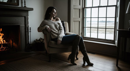 Young woman sitting in front of a fireplace in the living room at homeの素材