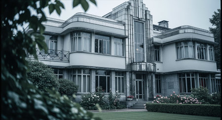 Modern apartment building exterior in black and white. Facade of a modern apartment building.の素材