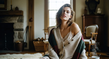 Beautiful young woman sitting on the floor with a cup of coffee at homeの素材