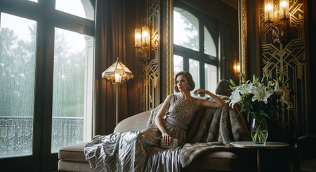 Beautiful woman in a long dress sitting on a sofa in the interior.の素材