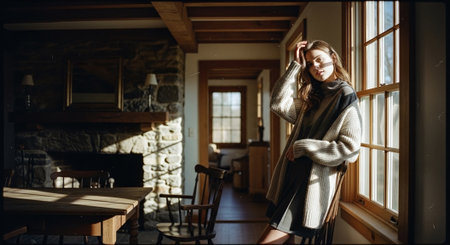 Beautiful young woman in a long sweater and a beige coat stands near the window in a cafe.の素材
