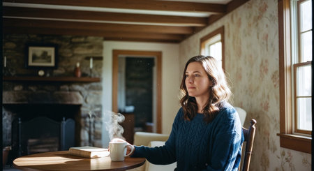 Woman sitting at a table in a cafe with a cup of coffeeの素材