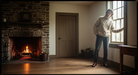 Woman standing in front of a fireplace at home, looking out the windowの素材