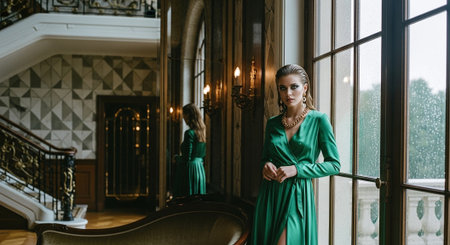 Beautiful young woman in green dress posing in the interior of the hotelの素材