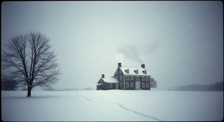 Winter landscape with old house, trees and fog in the background.の素材