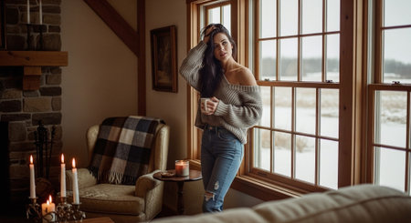 Beautiful young woman in sweater and jeans with cup of coffee at home.の素材