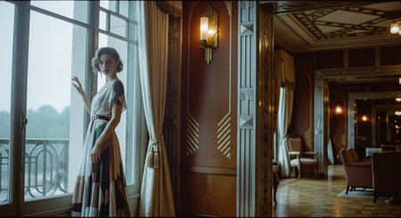 Beautiful young woman in the interior of the hotel room. Retro styleの素材