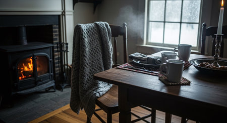Cozy winter evening in a country house with a fireplace and a warm plaidの素材