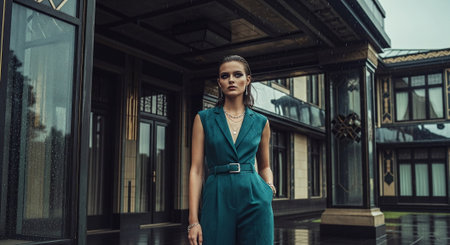 beautiful young woman in green dress posing in front of modern buildingの素材