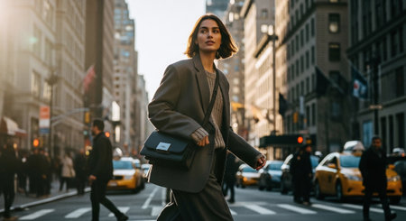 Young businesswoman walking on the street in New York, wearing a coat.の素材