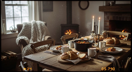 Cozy winter evening in the country house. Warm cozy home atmosphere.の素材