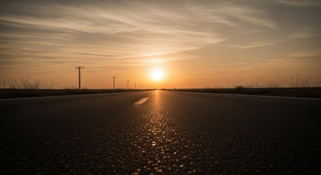 Sunset on the asphalt road with wind turbines in the background.の素材